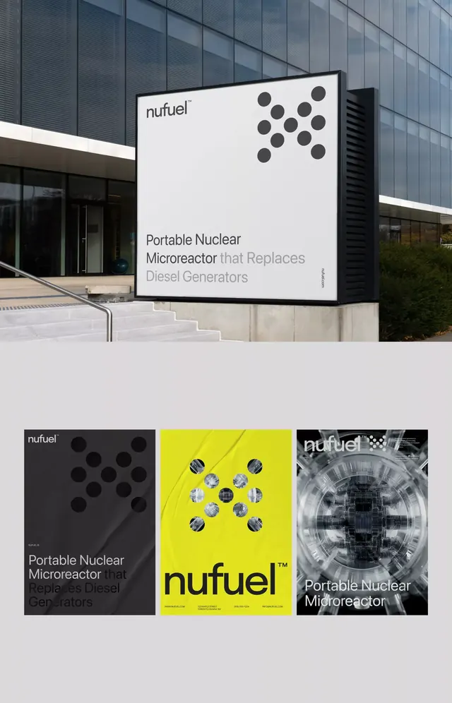 Corporate minimal nuclear tech brand identity, minimal, corporate-clean, monochrome