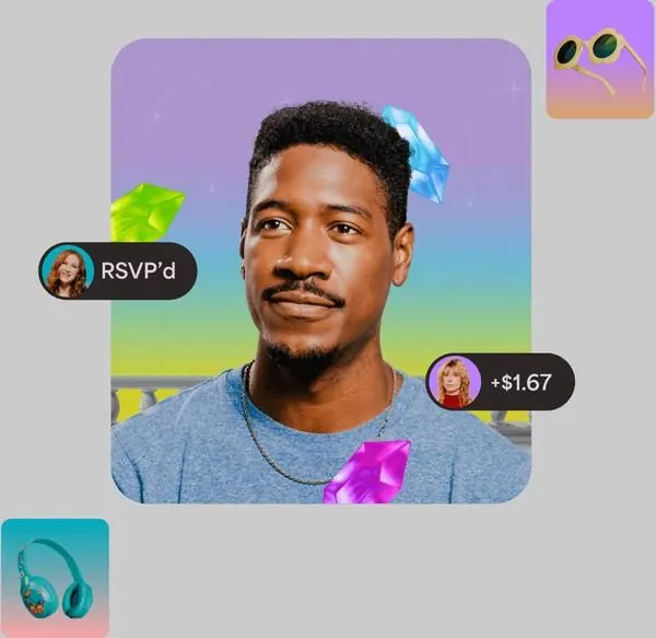 Social app portrait card with gradient backdrop and 3D decorative objects, gradient-heavy, playful, vibrant