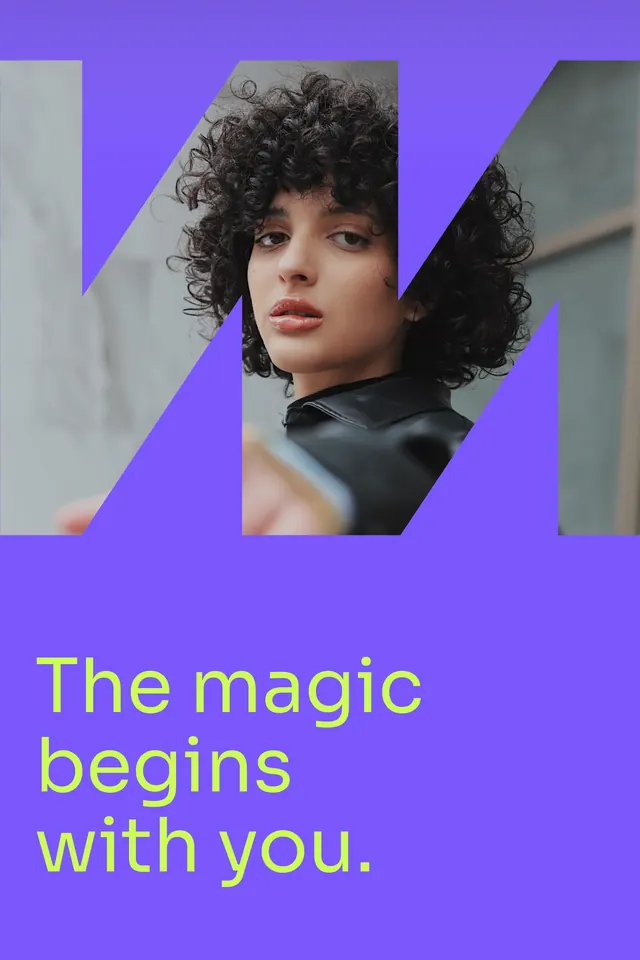 Bright purple geometric shape with portrait and lime text overlay, geometric, gradient-heavy, vibrant