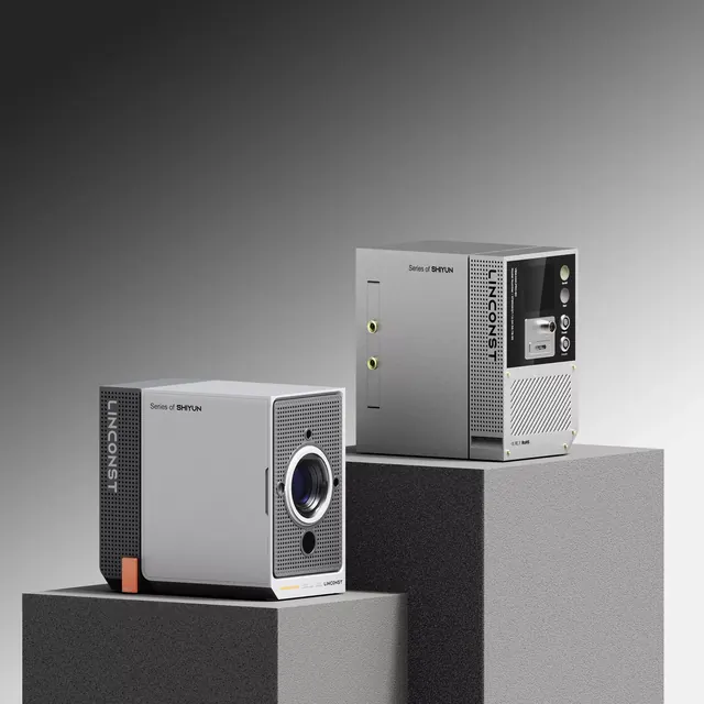 Monochromatic tech-hardware product photography on platforms, minimal, technical, monochrome