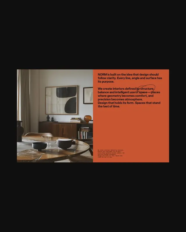 NORM interior design manifesto poster, editorial, photographic, warm