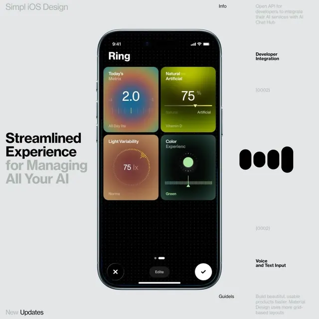 Ring iOS health dashboard with gradient metric cards, minimal, dark-mode, dark