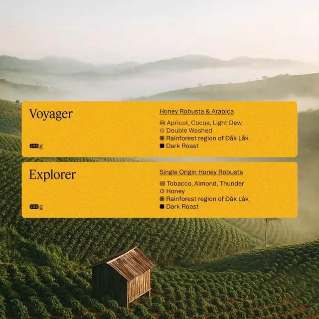 Honey and coffee packaging with atmospheric landscape, minimal, organic, warm