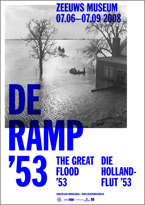 De Ramp 1953 Dutch modernist exhibition poster, minimal, editorial, dark