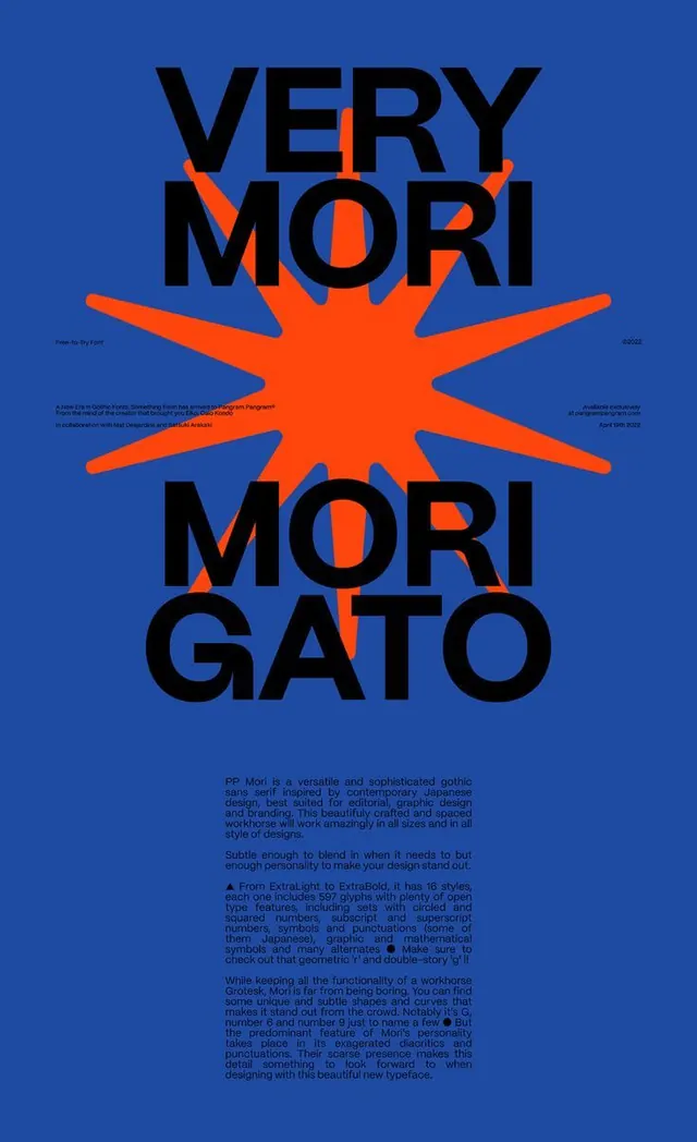 PP Mori typeface with starburst poster, minimal, swiss, dark