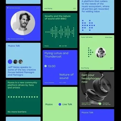 Modular podcast app UI grid layout, minimal, flat, cool