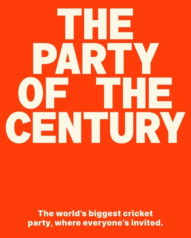 The Party of the Century cricket event poster, editorial, minimal, warm