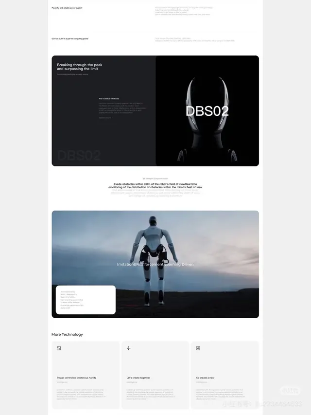 AI robotics product page with split layout, minimal, technical, dark