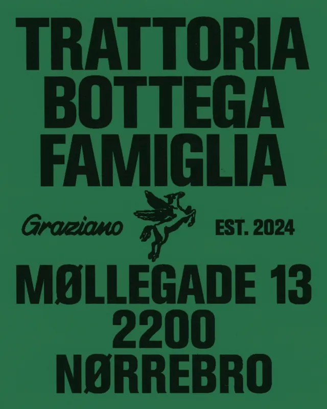 Trattoria Bottega Famiglia Italian restaurant poster, retro, minimal, dark