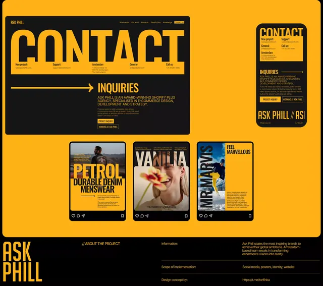 High-contrast portfolio grid with oversized headline, minimal, corporate-clean, warm