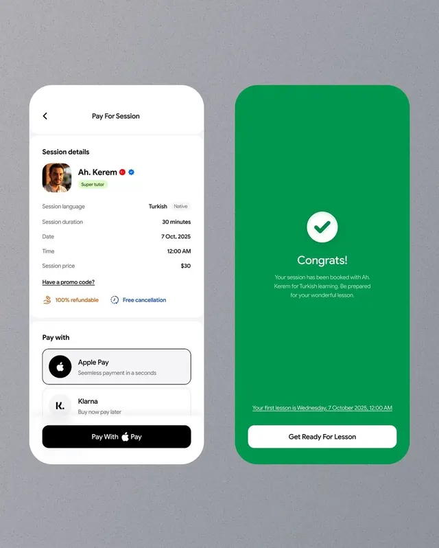 Split-screen lesson booking confirmation flow, minimal, flat, light
