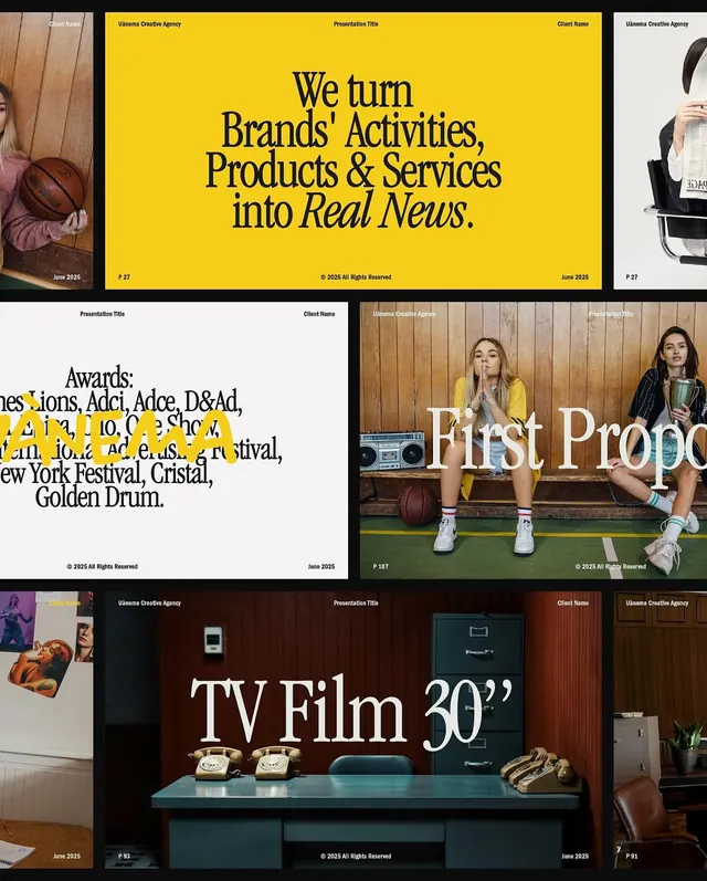 UMass Creative Agency presentation deck: yellow, black, photographic, corporate-clean, minimal, warm