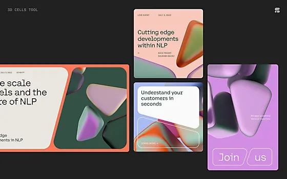 NLP design system: dark background gradient cards, minimal, gradient-heavy, dark