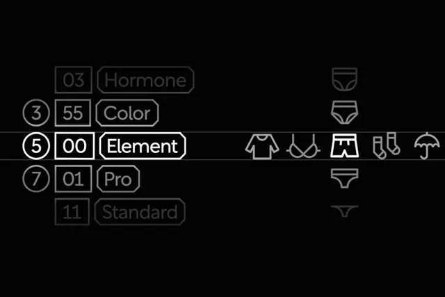Technical apparel system with numbered categories and line icons, minimal, technical, dark