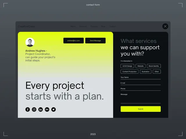 Split contact form with neon CTA, minimal, corporate-clean, warm