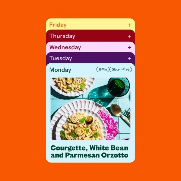 Color-blocked weekly meal plan card, minimal, flat, warm