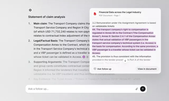 Legal claims analysis UI with hierarchical numbering, minimal, corporate-clean, light