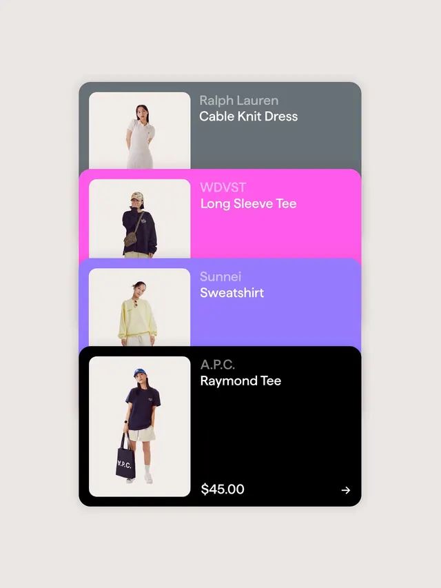 Fashion e-commerce product grid with color-blocked brand stickers, minimal, flat, light