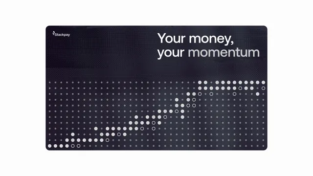 Stackpay fintech card with upward dot-pattern graphic, dark-mode, minimal, dark