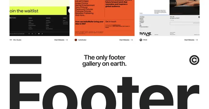 Design portfolio footer showcase collage, minimal, corporate-clean, vibrant