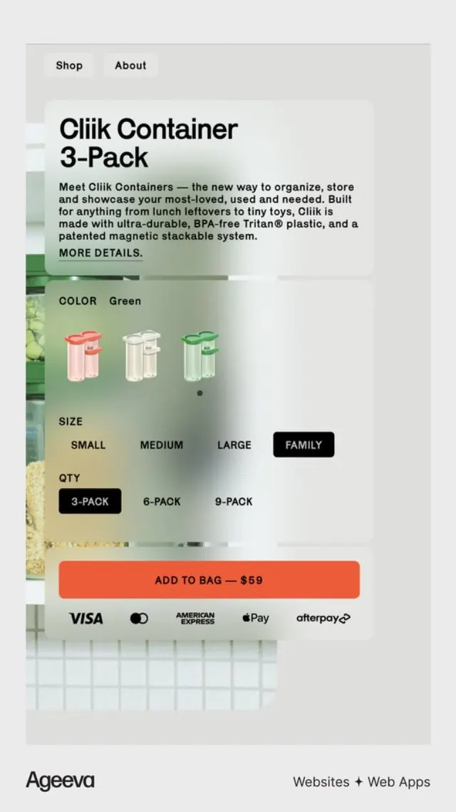 Cliik Container product page: stacked form and imagery, minimal, flat, light