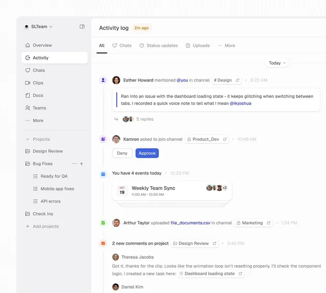 Team collaboration activity-log UI, minimal, corporate-clean, light