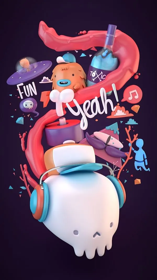 Playful 3D character composition with floating objects, 3d-render, playful, vibrant