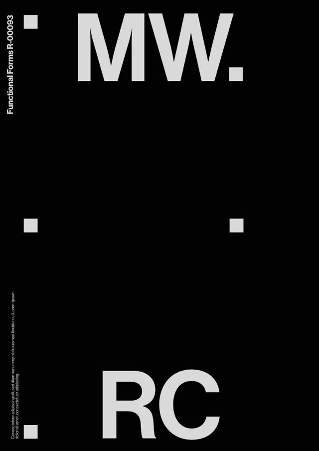 Minimalist layout with MW and RC typography, minimal, geometric, monochrome