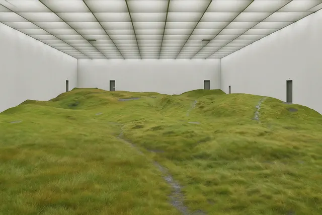 Indoor landscape installation with moss mound, organic, minimalist, earthy
