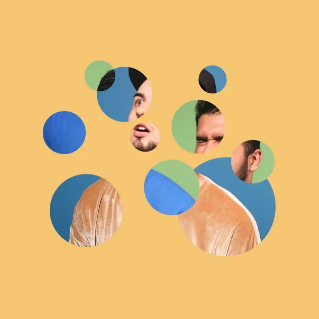 Circular photo collage with overlapping color shapes, illustrated, abstract, warm