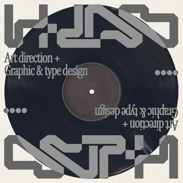 Vinyl record with geometric type overlay, geometric, editorial, monochrome