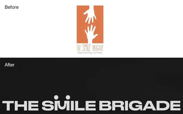 The Smile Brigade identity before and after, minimal, corporate-clean, warm