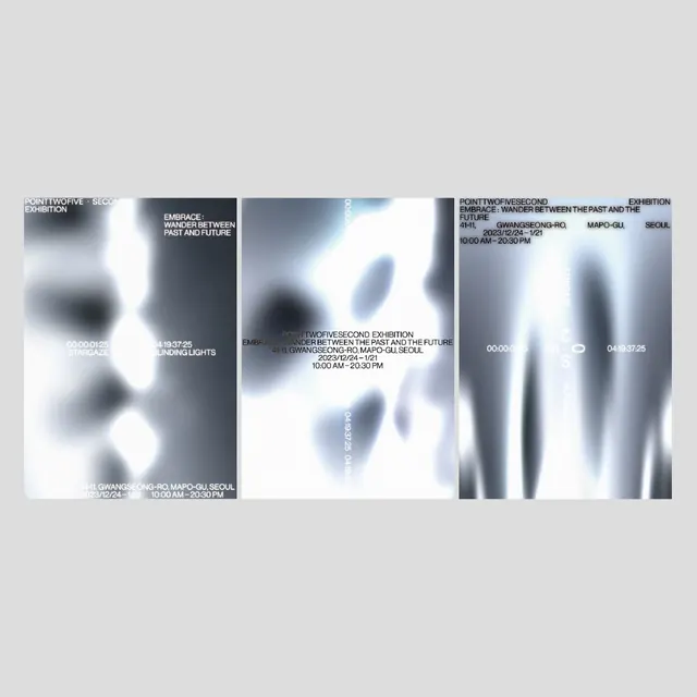 Exhibition poster triptych with soft-focus gradient effect, minimal, editorial, light