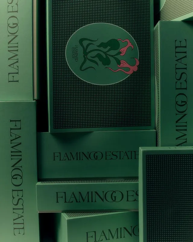 Flamingo Estate luxury skincare packaging stacked boxes, minimal, luxury, dark