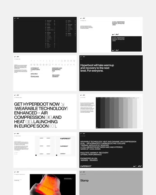 Hyperboot fitness tech design system screens, dark-mode, corporate-clean, dark