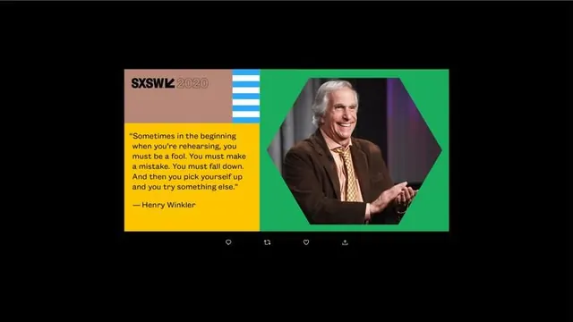 SXSW split-screen quote card with photo hexagon, minimal, corporate-clean, vibrant