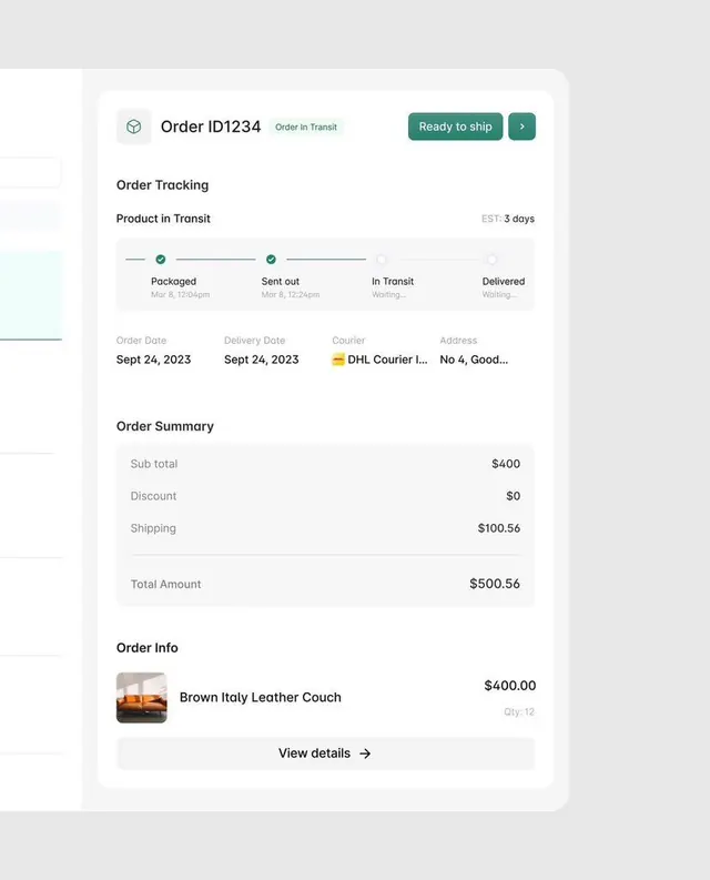 Order tracking interface with progress timeline, corporate-clean, minimal, monochrome