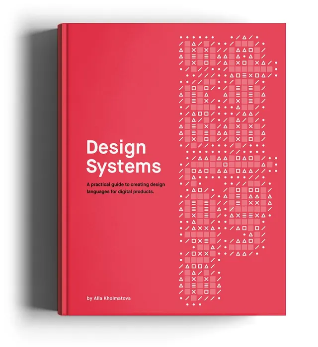 Design Systems book cover: red with geometric symbol grid, minimal, geometric, warm