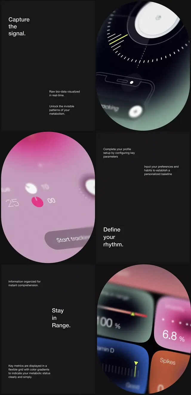 Health tracking app UI with gradient orbital interface, minimal, gradient-heavy, dark