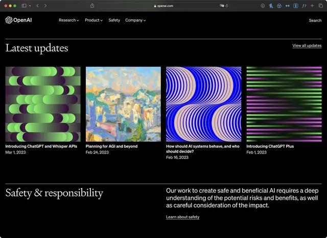 OpenAI website hero with gradient feature cards, dark-mode, minimal, high-contrast