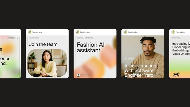 TwelveLabs social card series: warm gradient, portrait cards, minimal, flat, warm