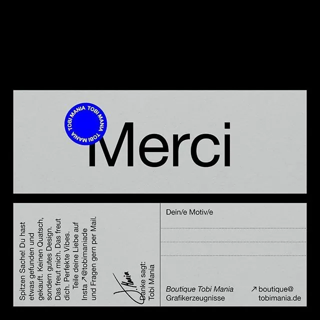 Merci typeface specimen with circular blue seal, minimal, corporate-clean, dark