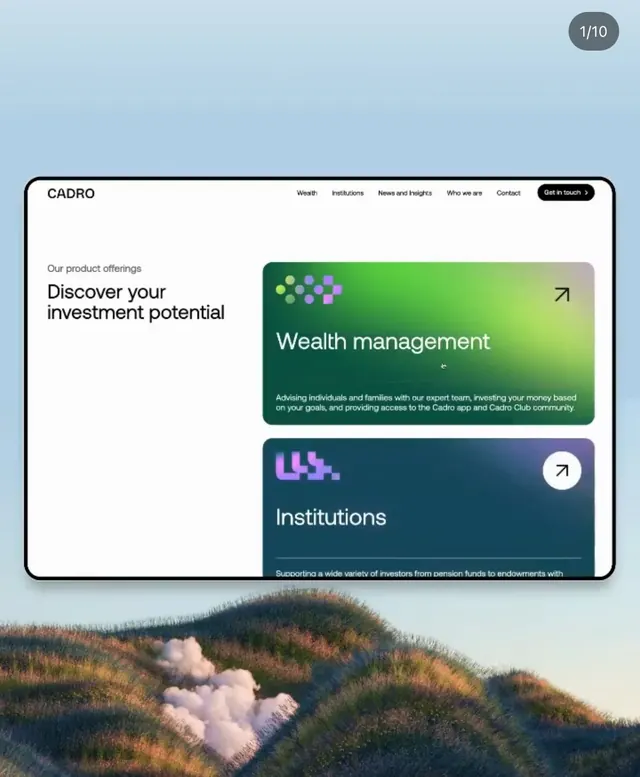 Cadro wealth management product cards mockup, minimal, corporate-clean, cool