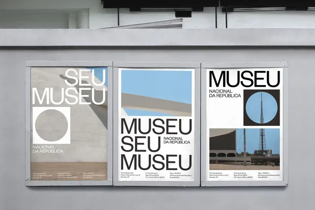 Museum exhibition poster system (three-panel series), minimal, swiss, light