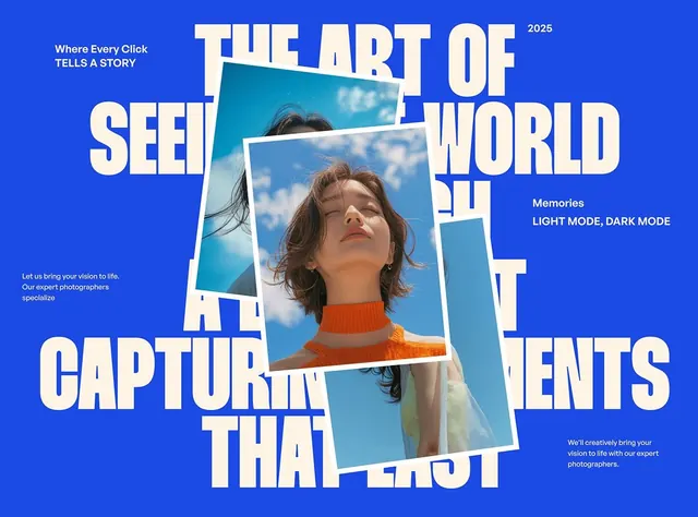 Bold editorial poster with overlapping framed photography, editorial, geometric, vibrant