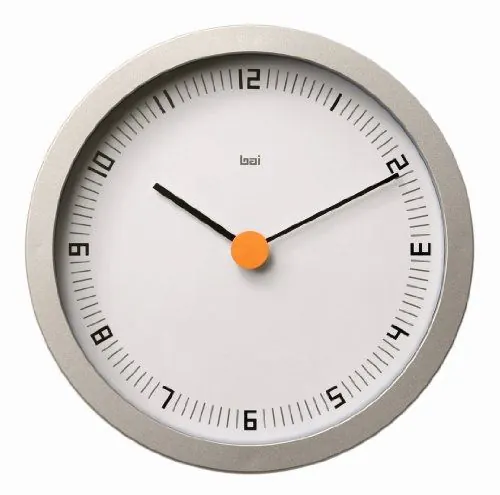 Minimalist wall clock with orange accent, minimal, technical, light
