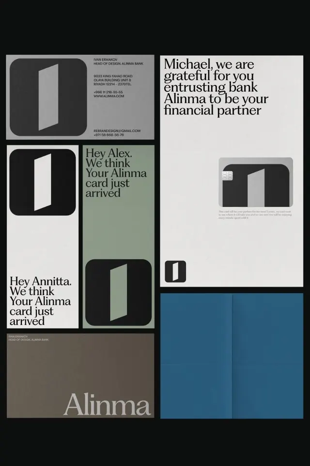 Alinma bank brand identity system, corporate-clean, geometric, dark