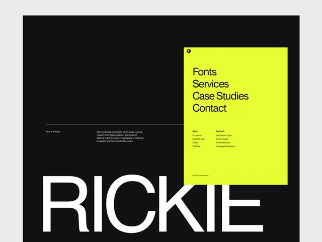 Rickie design studio branding and navigation, bold, minimalist, high-contrast