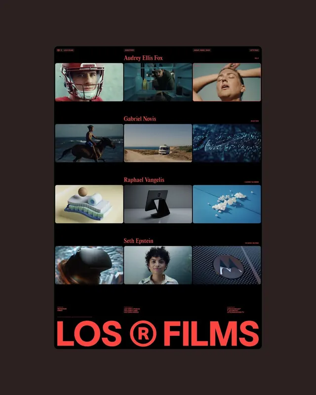 Dark portfolio grid with director showcase, minimal, dark-mode, dark