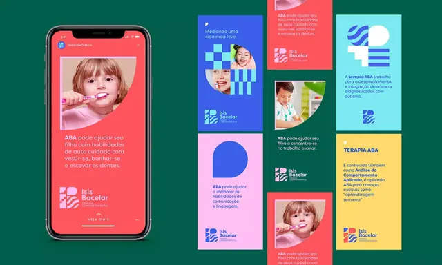 ABA therapy brand with vibrant app mockup and cards, playful, flat, vibrant
